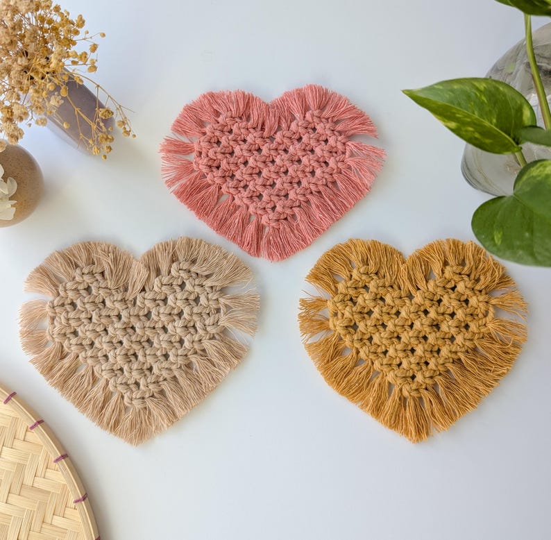 Macrame Heart Coasters Set of 2, Handmade Cotton Farmhouse Decor, Plant Mat, Candle Placemat