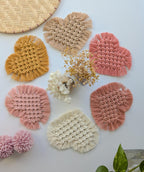 Macrame Heart Coasters Set of 2, Handmade Cotton Farmhouse Decor, Plant Mat, Candle Placemat