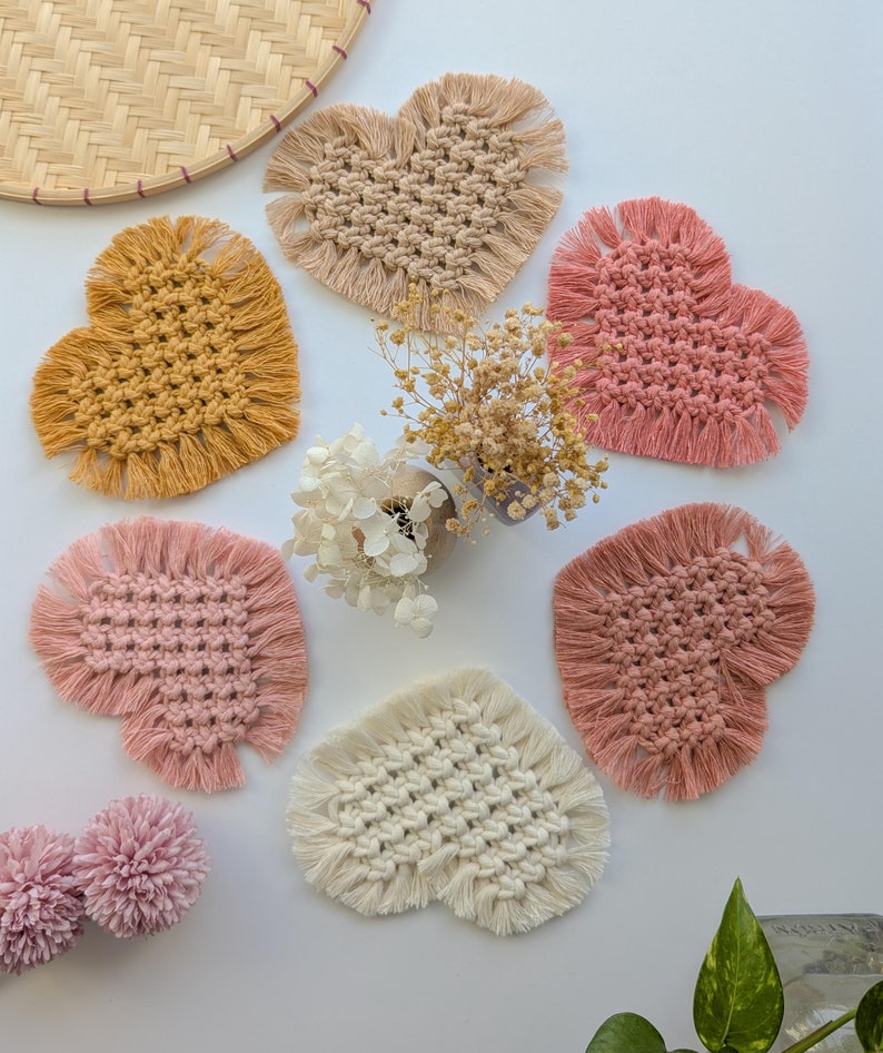 Macrame Heart Coasters Set of 2, Handmade Cotton Farmhouse Decor, Plant Mat, Candle Placemat