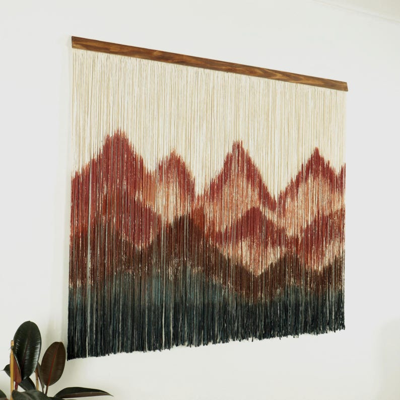 Macrame Wall Hanging Ombre Yarn Textile Art 60x47 Inches Green Brown