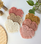 Macrame Heart Coasters Set of 2, Handmade Cotton Farmhouse Decor, Plant Mat, Candle Placemat