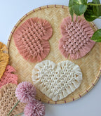 Macrame Heart Coasters Set of 2, Handmade Cotton Farmhouse Decor, Plant Mat, Candle Placemat
