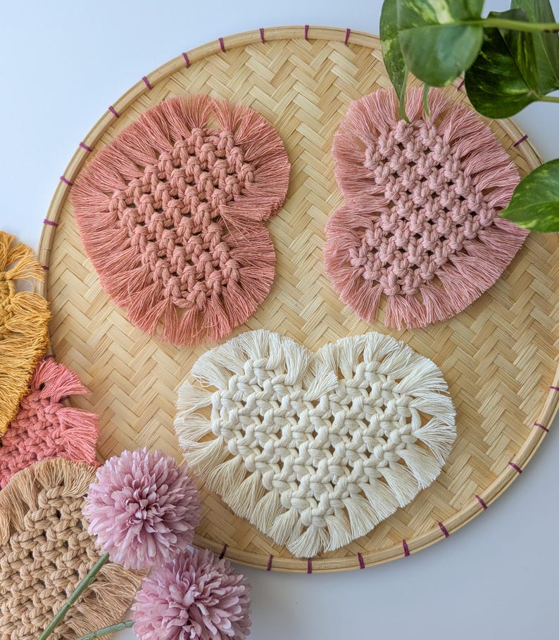 Macrame Heart Coasters Set of 2, Handmade Cotton Farmhouse Decor, Plant Mat, Candle Placemat