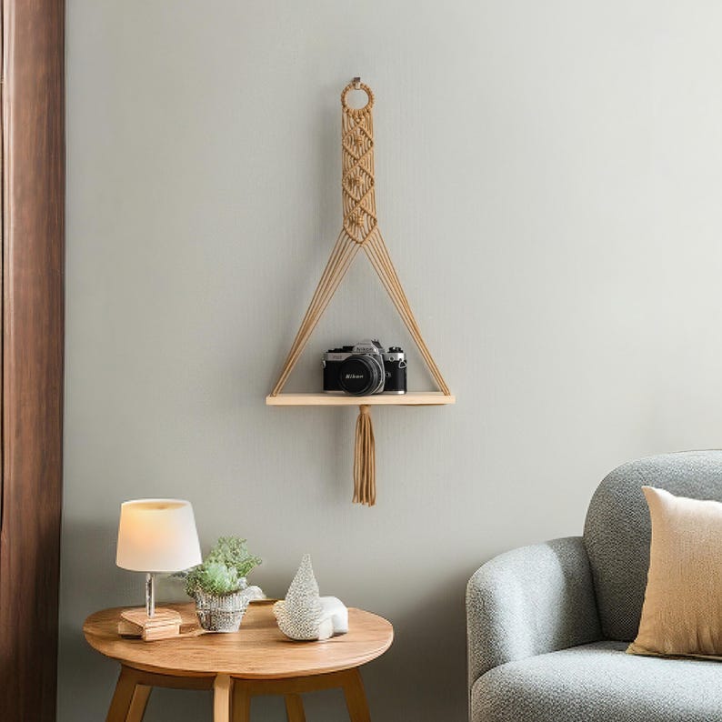 Boho Macrame Shelf, Wall Hanging Shelf with Wooden Shelf, Handwoven Cotton Cord, Sage Green/Latte, 11.8"W x 27.5"H