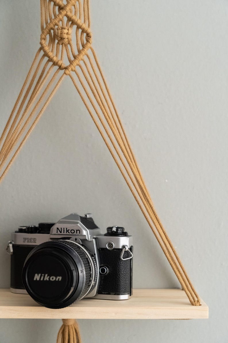 Boho Macrame Shelf, Wall Hanging Shelf with Wooden Shelf, Handwoven Cotton Cord, Sage Green/Latte, 11.8"W x 27.5"H