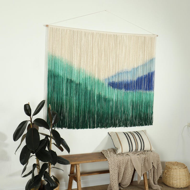 Blue Dip Dye Macrame Wall Hanging, Boho Coastal Fiber Art, 60x40 inch