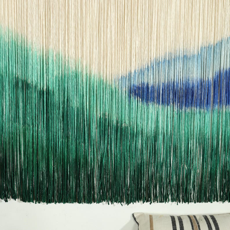 Blue Dip Dye Macrame Wall Hanging, Boho Coastal Fiber Art, 60x40 inch