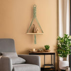 Boho Macrame Shelf, Wall Hanging Shelf with Wooden Shelf, Handwoven Cotton Cord, Sage Green/Latte, 11.8"W x 27.5"H
