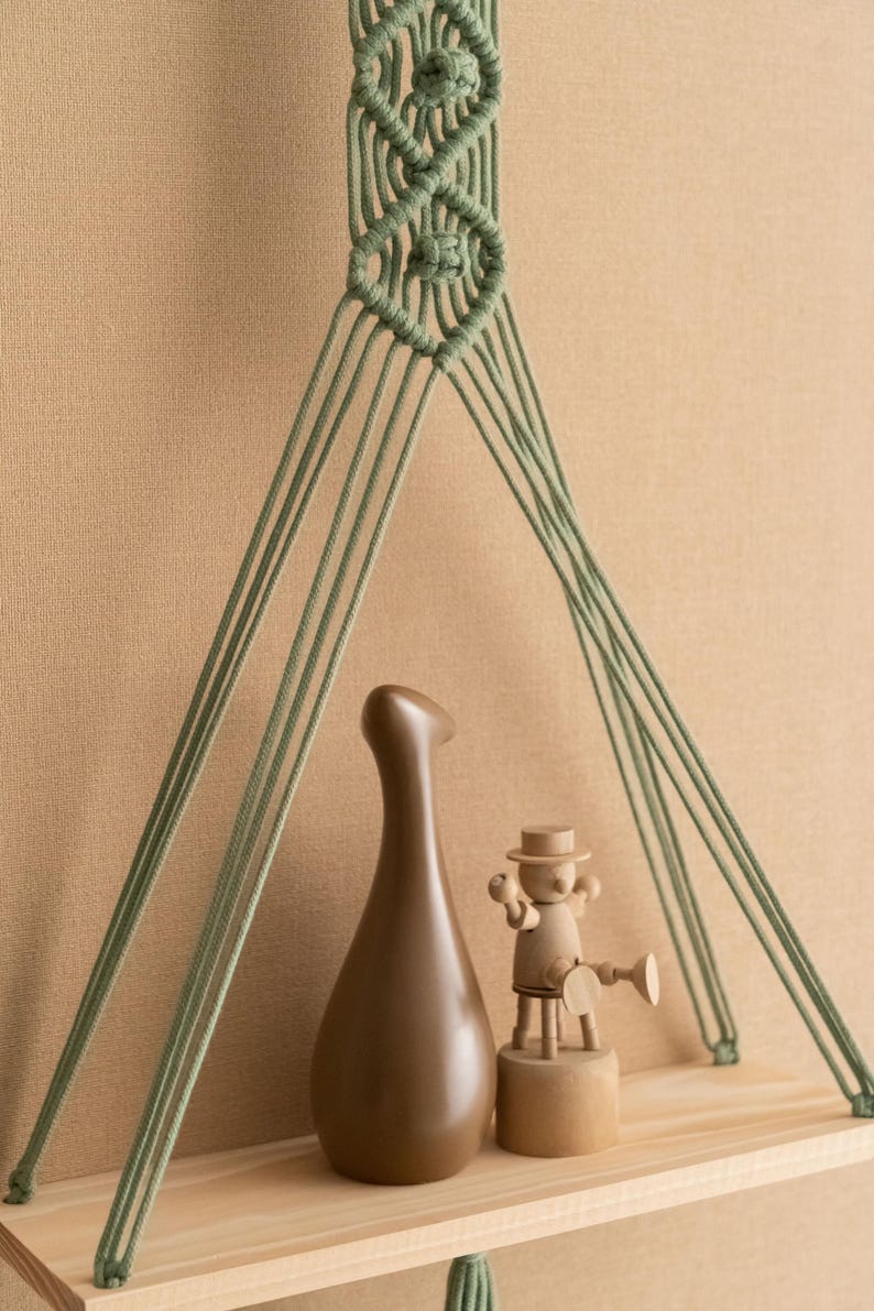 Boho Macrame Shelf, Wall Hanging Shelf with Wooden Shelf, Handwoven Cotton Cord, Sage Green/Latte, 11.8"W x 27.5"H