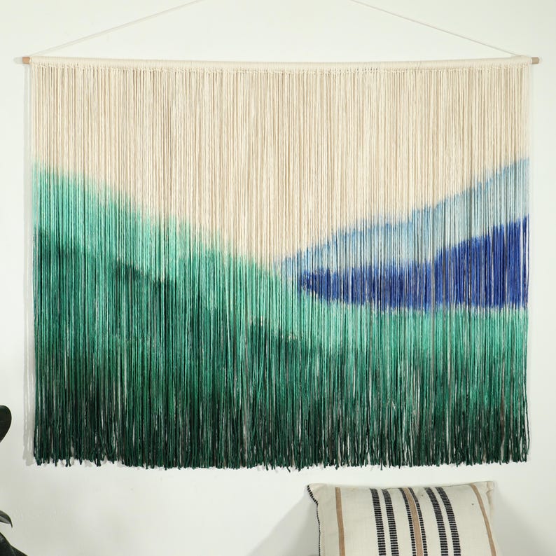 Blue Dip Dye Macrame Wall Hanging, Boho Coastal Fiber Art, 60x40 inch