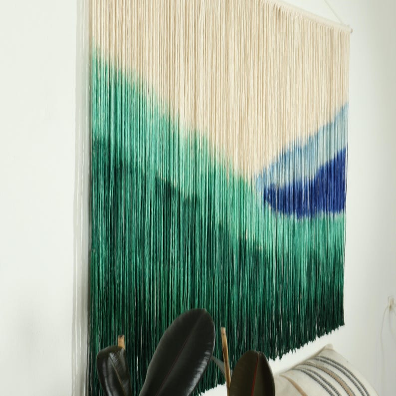 Blue Dip Dye Macrame Wall Hanging, Boho Coastal Fiber Art, 60x40 inch