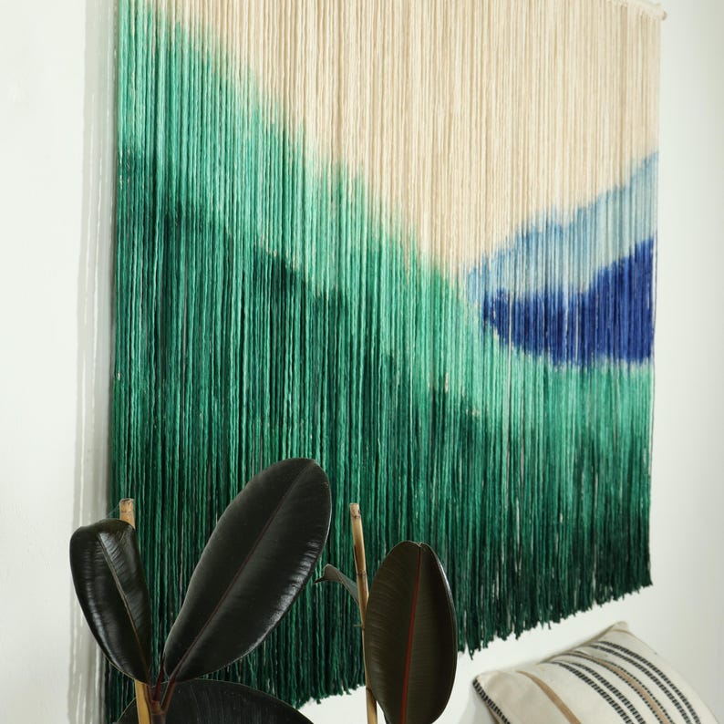 Blue Dip Dye Macrame Wall Hanging, Boho Coastal Fiber Art, 60x40 inch