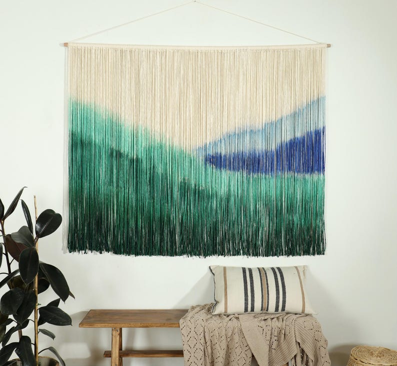 Blue Dip Dye Macrame Wall Hanging, Boho Coastal Fiber Art, 60x40 inch