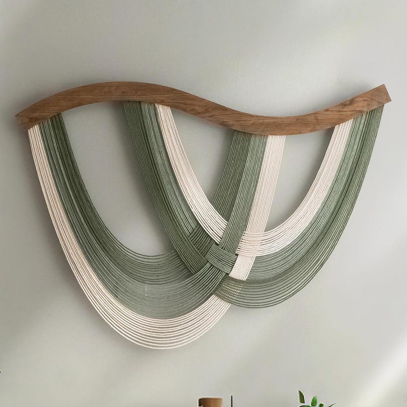 The Flow Wall Hanging - Scandinavian Macrame Wall Art with Teal and Cream Tones - Wavy Wood Bar - 31.5"W x 23.6"H