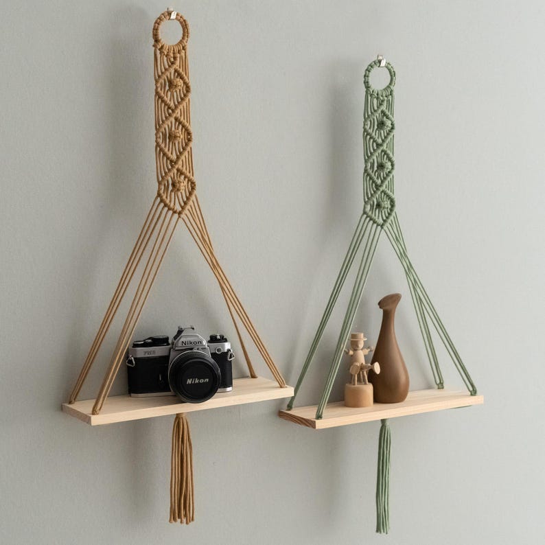 Boho Macrame Shelf, Wall Hanging Shelf with Wooden Shelf, Handwoven Cotton Cord, Sage Green/Latte, 11.8"W x 27.5"H