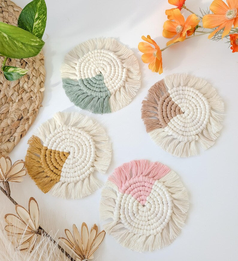 Two-Toned Fringe Coasters Set of 4 - Boho Macrame Bar & Coffee Table Decor, 5-6 inch, Cotton