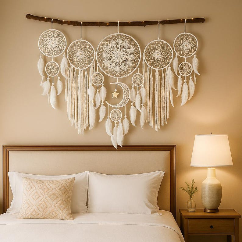Macrame Moon Dreamcatcher Wall Hanging, Boho Handmade Home Decor, 100 cm, 8 Colors