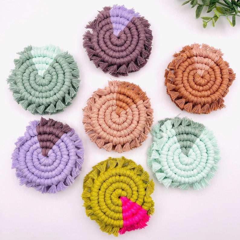 Macrame Car Coasters Set of 2 – Handmade Cotton Cup Holder Coasters, Boho Two-Tone