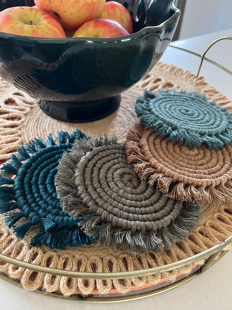 Macramé Coaster Set of 4, Handmade Cotton Cord, Bohemian Table Decor, Plant Pot Placemat, Absorbent, 5.5 inches