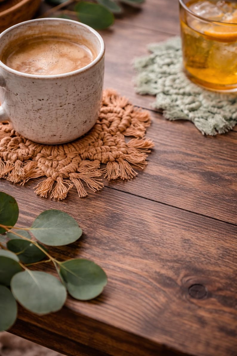 Macrame Coasters Set of 4, Boho Coffee Table Decor, Cotton Fiber Drink Coasters with Wooden Ring, Neutral Color Options