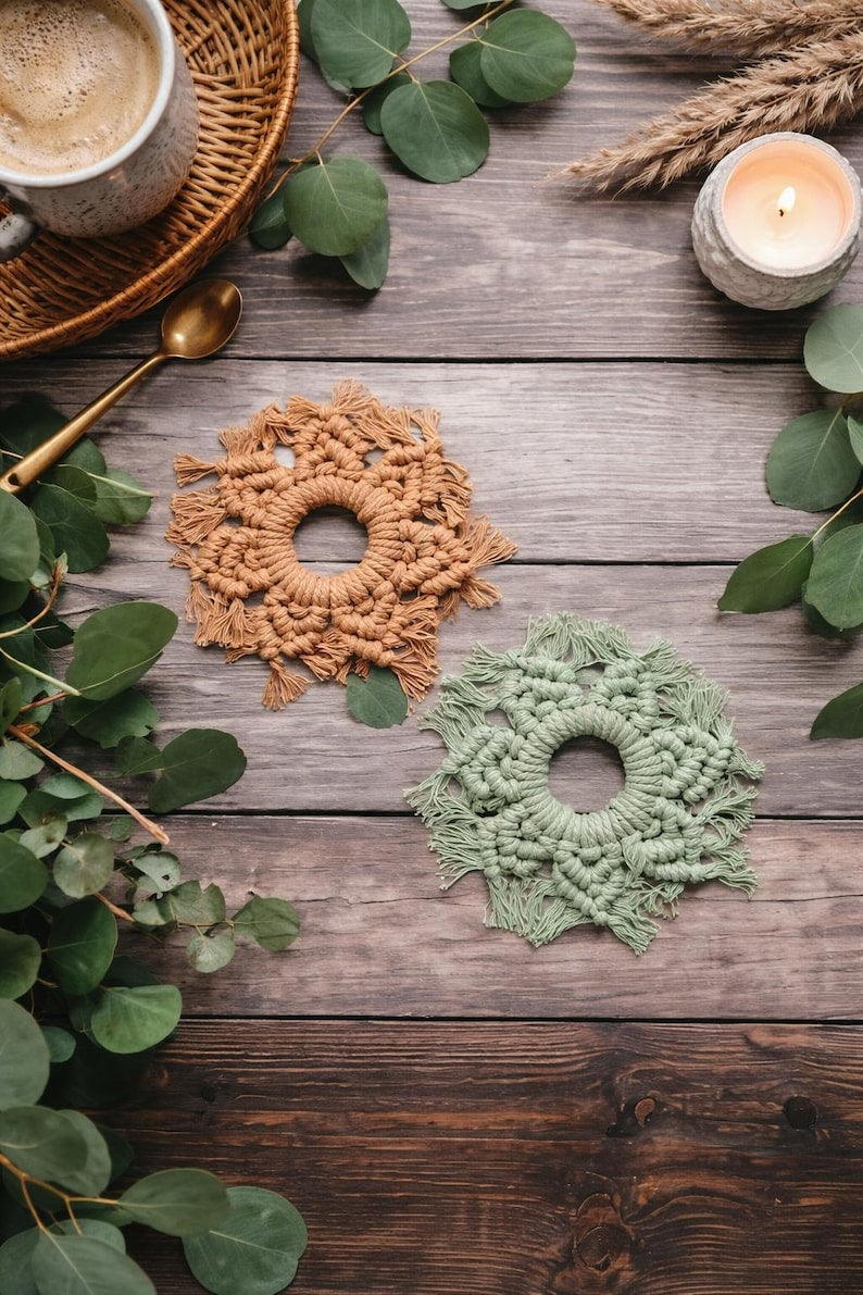 Macrame Coasters Set of 4, Boho Coffee Table Decor, Cotton Fiber Drink Coasters with Wooden Ring, Neutral Color Options