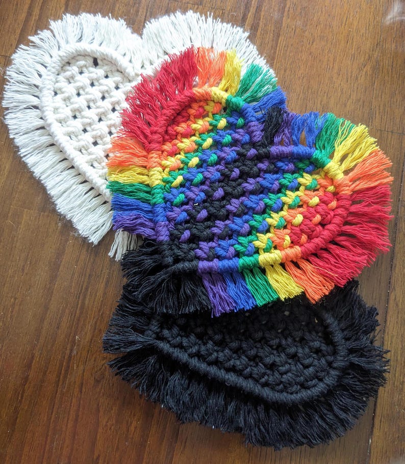 Macrame Coaster Heart and Rectangle, 33 Colors, Boho Home Decor, Coffee Mug Rug