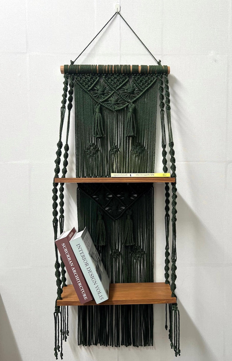 2 Tier Macrame Wall Hanging Shelf Boho Organizer with Wood Shelves for Plants and Decor