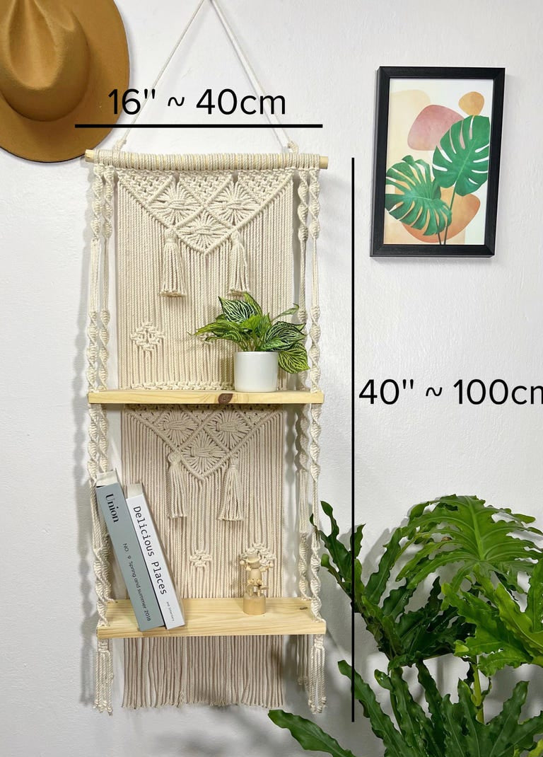 2 Tier Macrame Wall Hanging Shelf Boho Organizer with Wood Shelves for Plants and Decor