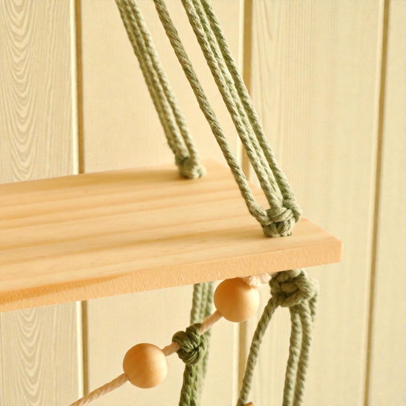 Macrame Floating Shelf Wall Hanging with Pine Wood Shelf, Boho Leaf Decor for Bedroom, Natural Cotton Rope