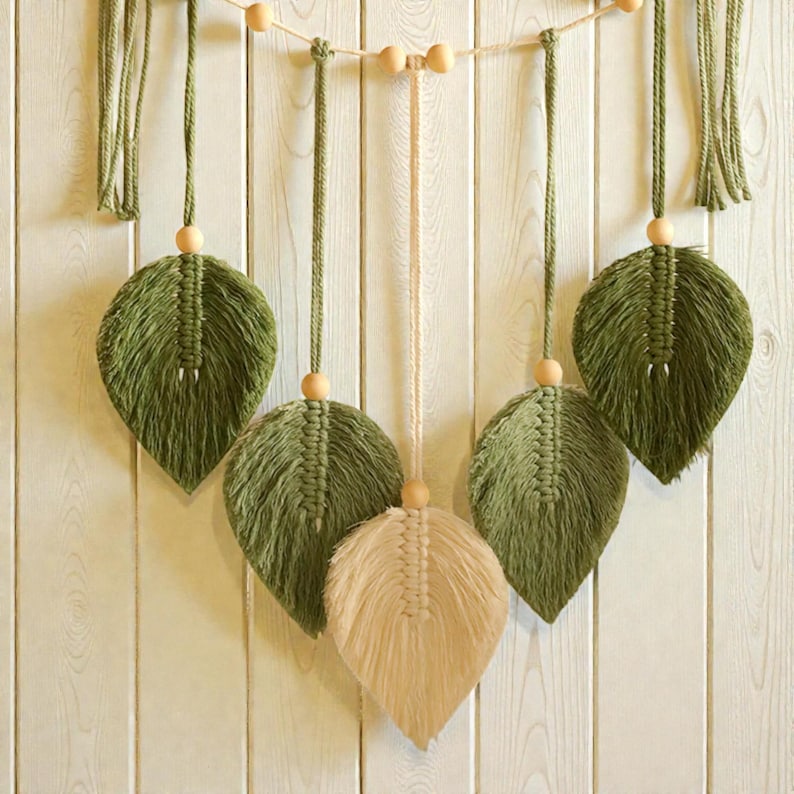 Macrame Floating Shelf Wall Hanging with Pine Wood Shelf, Boho Leaf Decor for Bedroom, Natural Cotton Rope
