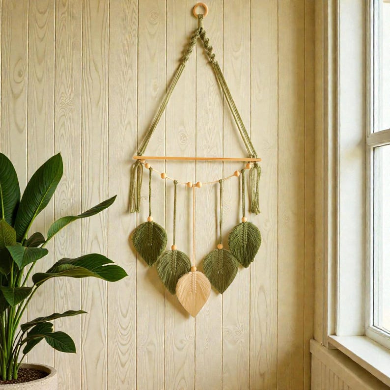 Macrame Floating Shelf Wall Hanging with Pine Wood Shelf, Boho Leaf Decor for Bedroom, Natural Cotton Rope