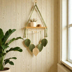 Macrame Floating Shelf Wall Hanging with Pine Wood Shelf, Boho Leaf Decor for Bedroom, Natural Cotton Rope