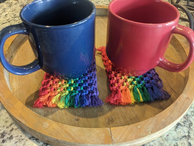 Rainbow Macrame Mug Rugs Set of 2 Coasters Boho Handmade Cotton Drinkware Accessories