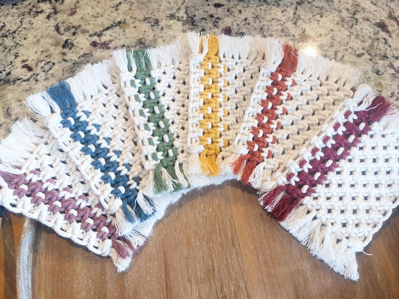 Handmade Macrame Coaster Set of 2, Cotton Cord, Stripe Design, Boho Home Decor, 33 Color Options, for Coffee or Tea Lovers