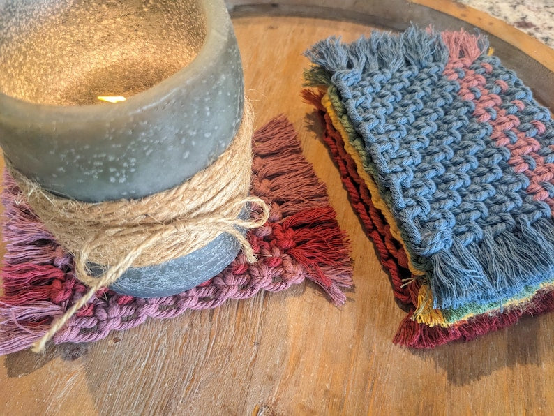 Handmade Macrame Coaster Set of 2, Cotton Cord, Stripe Design, Boho Home Decor, 33 Color Options, for Coffee or Tea Lovers