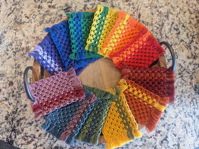 Handmade Macrame Coaster Set of 2, Cotton Cord, Stripe Design, Boho Home Decor, 33 Color Options, for Coffee or Tea Lovers