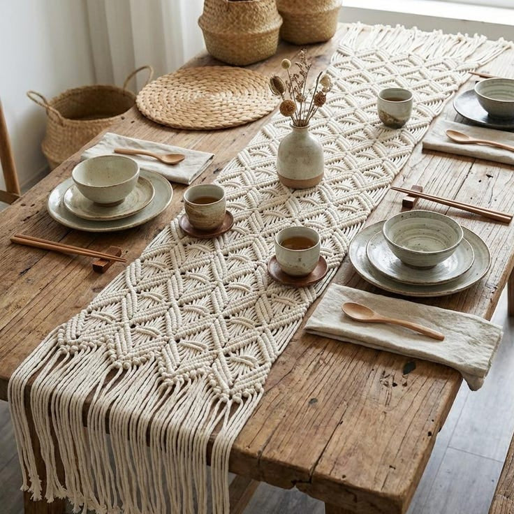 Cotton Macrame Table Runner, Boho Woven Decor, 13in Wide, Multiple Lengths & Colors