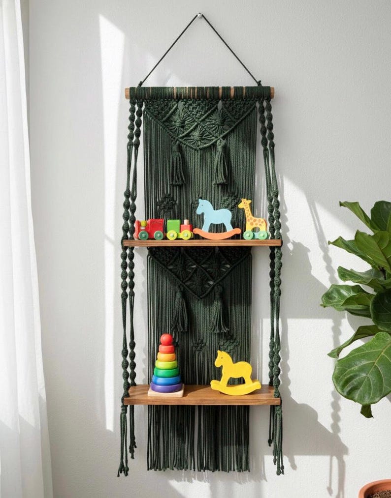 2 Tier Macrame Wall Hanging Shelf Boho Organizer with Wood Shelves for Plants and Decor