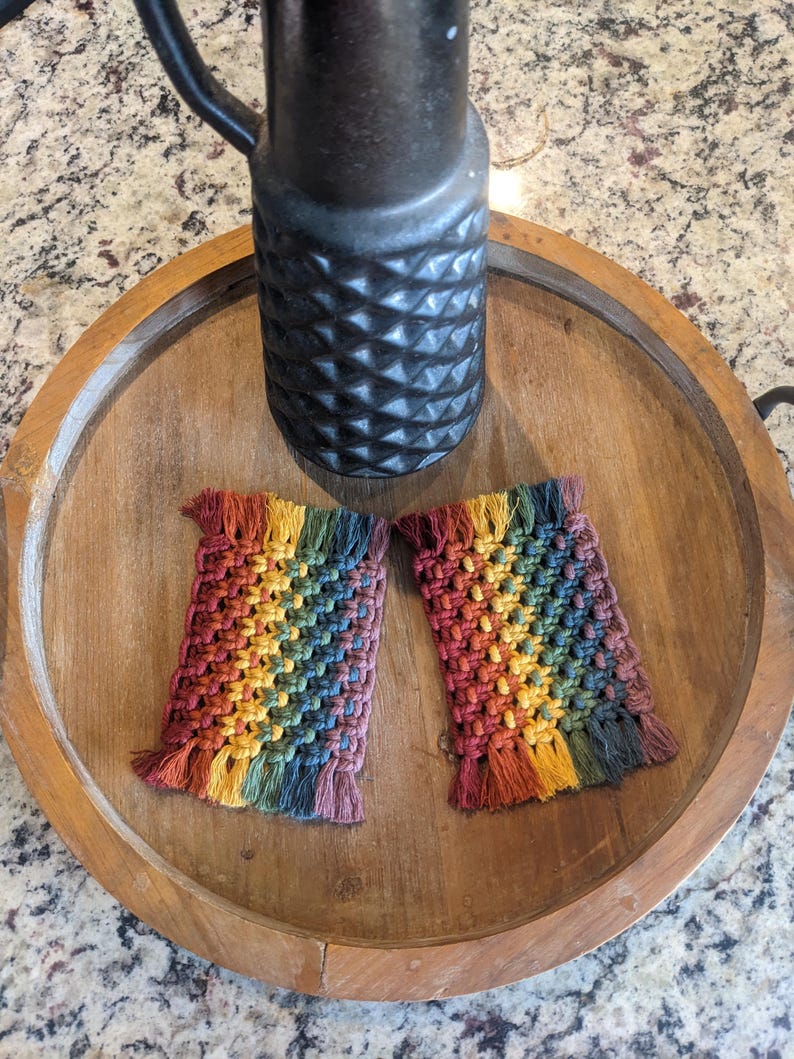 Rainbow Macrame Mug Rugs Set of 2 Coasters Boho Handmade Cotton Drinkware Accessories