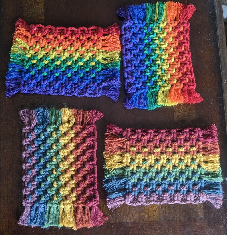 Rainbow Macrame Mug Rugs Set of 2 Coasters Boho Handmade Cotton Drinkware Accessories