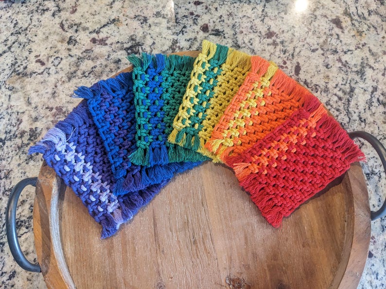 Handmade Macrame Coaster Set of 2, Cotton Cord, Stripe Design, Boho Home Decor, 33 Color Options, for Coffee or Tea Lovers