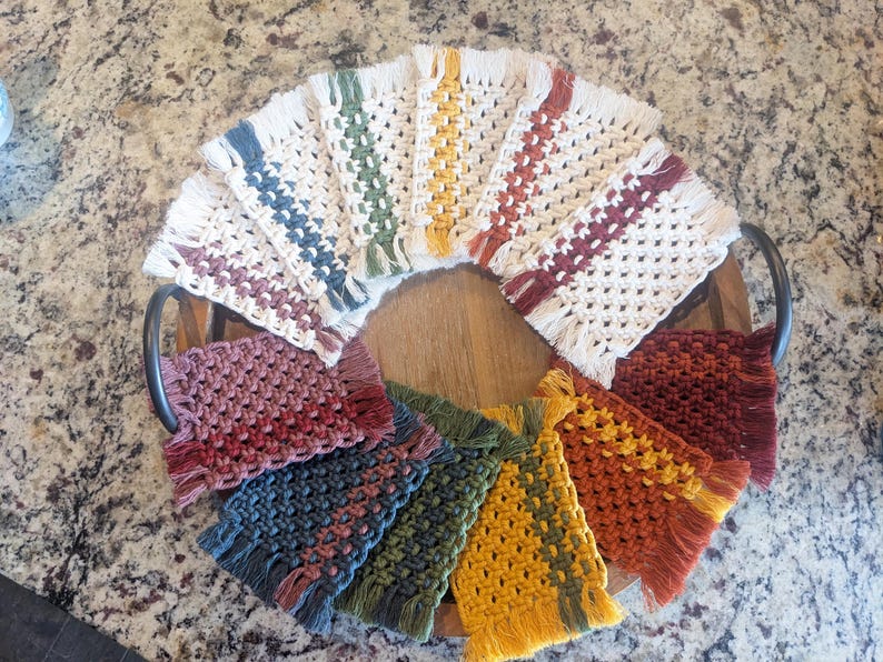 Handmade Macrame Coaster Set of 2, Cotton Cord, Stripe Design, Boho Home Decor, 33 Color Options, for Coffee or Tea Lovers