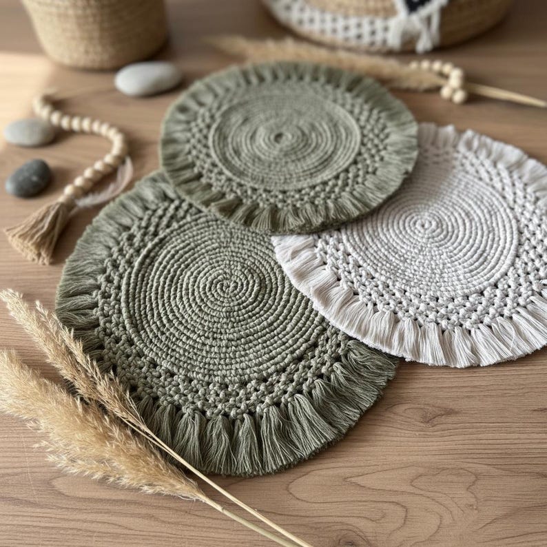 Round Macrame Placemat Boho Cotton Table Decor 11-14 Inch