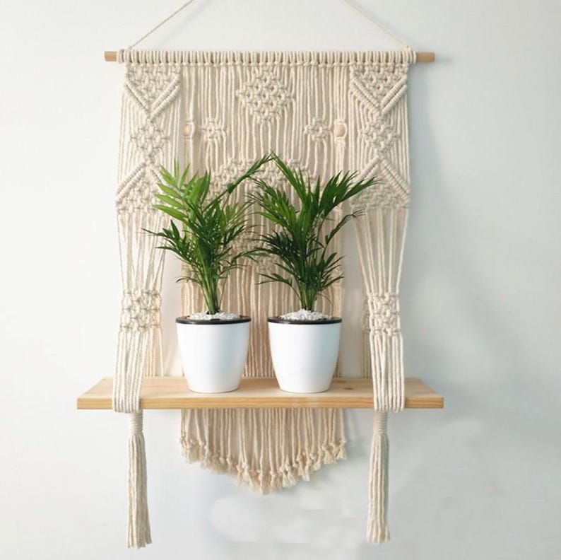 Macrame Wall Shelf Plant Hanger Boho Rope Decor Wooden Shelf Beige 50x68 cm