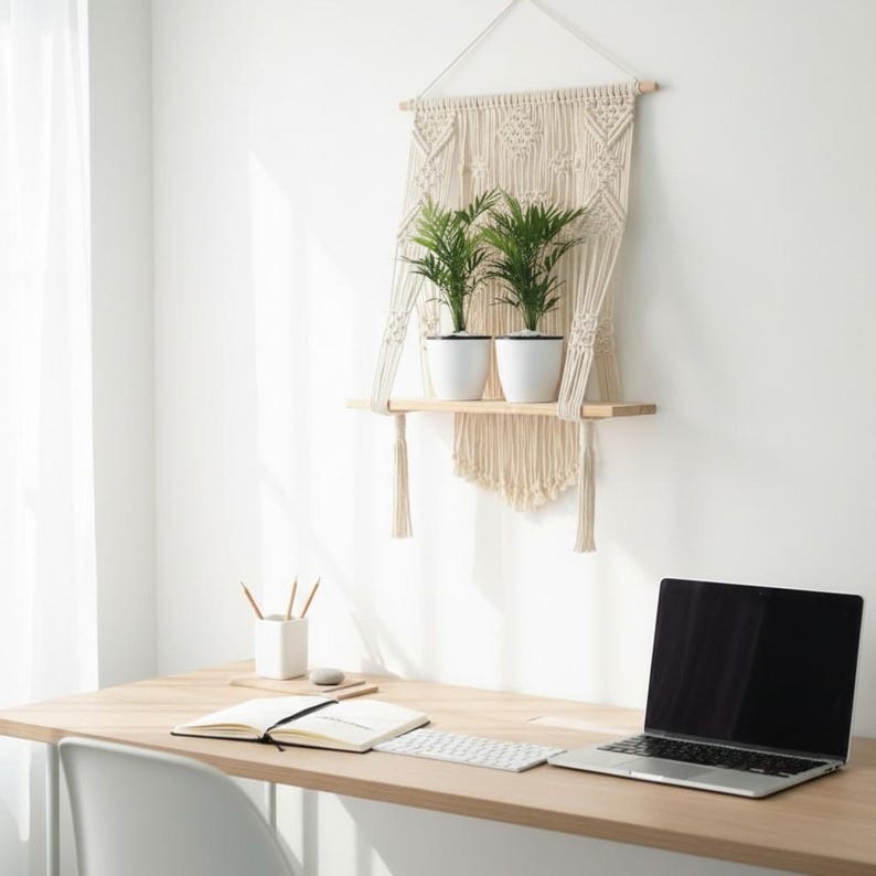 Macrame Wall Shelf Plant Hanger Boho Rope Decor Wooden Shelf Beige 50x68 cm