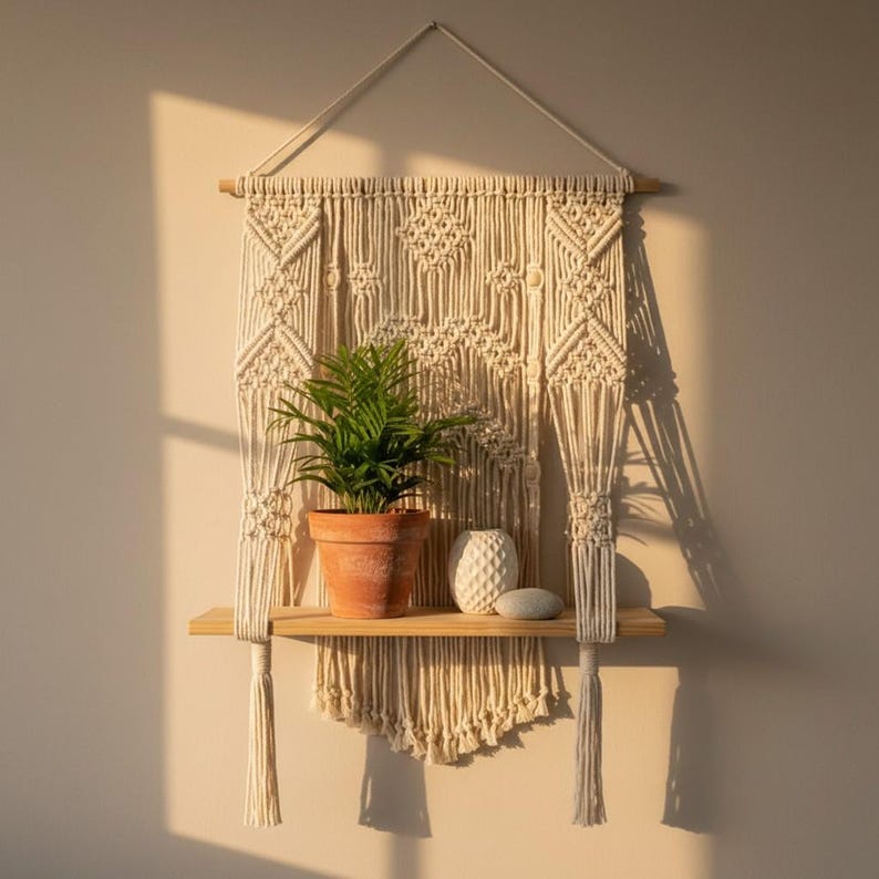 Macrame Wall Shelf Plant Hanger Boho Rope Decor Wooden Shelf Beige 50x68 cm