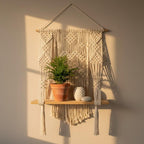 Macrame Wall Shelf Plant Hanger Boho Rope Decor Wooden Shelf Beige 50x68 cm