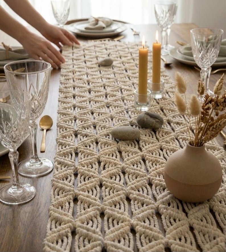 Macrame Table Runner, Boho Farmhouse Dining Decor, Cotton Handwoven Runner
