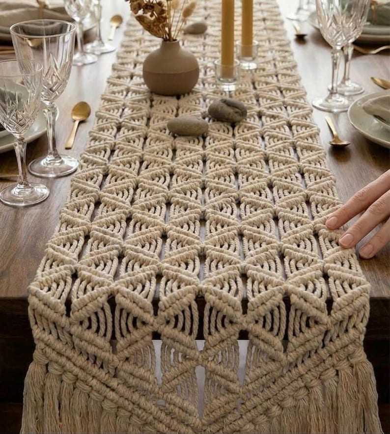 Macrame Table Runner, Boho Farmhouse Dining Decor, Cotton Handwoven Runner