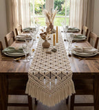 Macrame Table Runner, Boho Farmhouse Dining Decor, Cotton Handwoven Runner